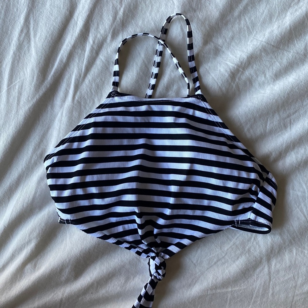 High neck knotted bikini top, black and white stripes, Xhilaration, size medium
